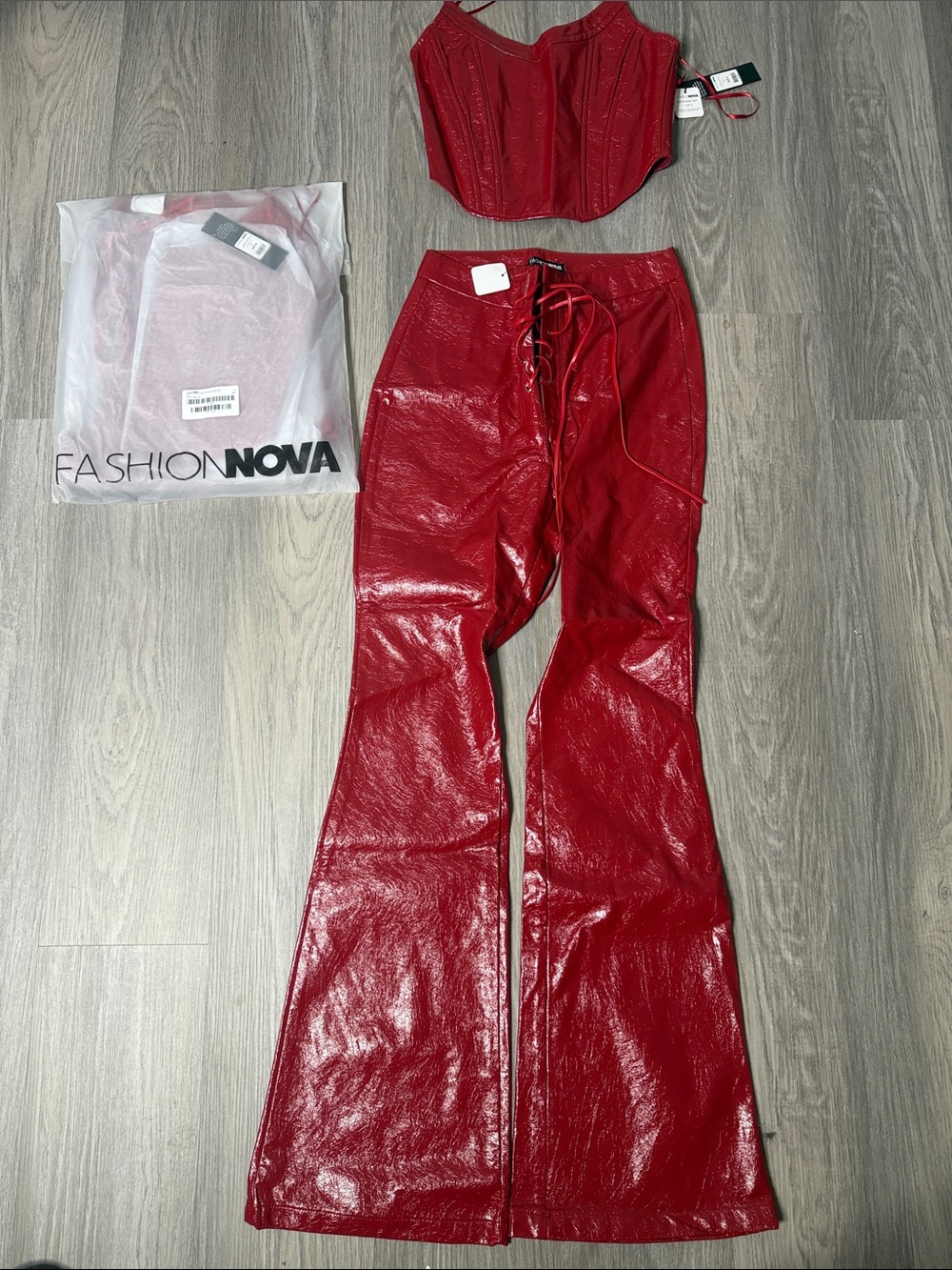 Fashion Nova Red Patent Lace-Up Flare Pants + Top